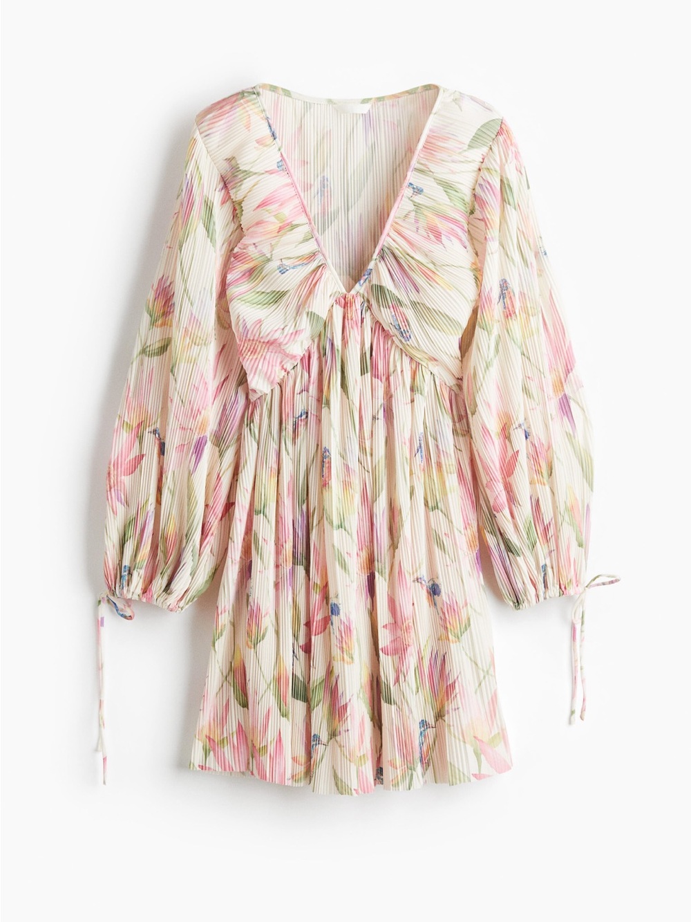H&M Plisse Pleated Floral V-Neck Mini Dress in Soft Floral Spring Pastels Size S